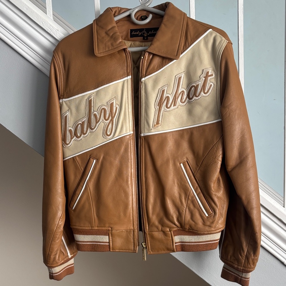 Baby Phat Tan & Cream Leather Varsity Bomber Jacket